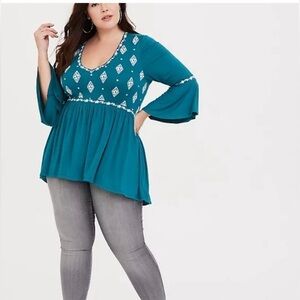 Torrid super soft embroidered baby doll bell sleeve high low aqua